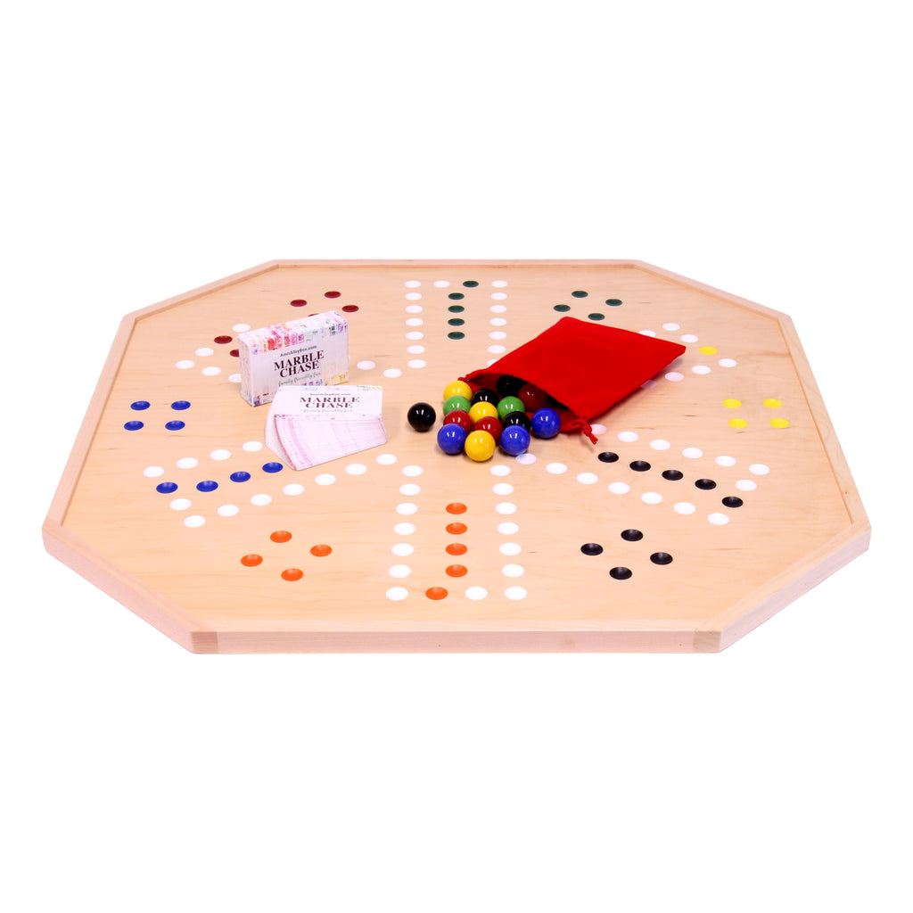 Wooden Marble Chase (Cards N' Marbles) Board Game Set - Large 25" Wide Board - Double-Sided - Includes 1" Marbles and Playing Cards