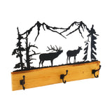 Rustic Coat Rack With 3 Hooks - Pine Wood Coat Hanger with Wilderness Metal Art Silhouette