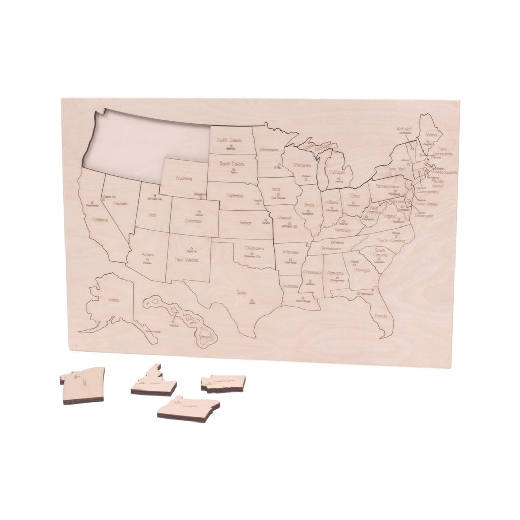 USA States Map Wooden Floor Puzzle with Frame, 20" Wide, Amish-Made