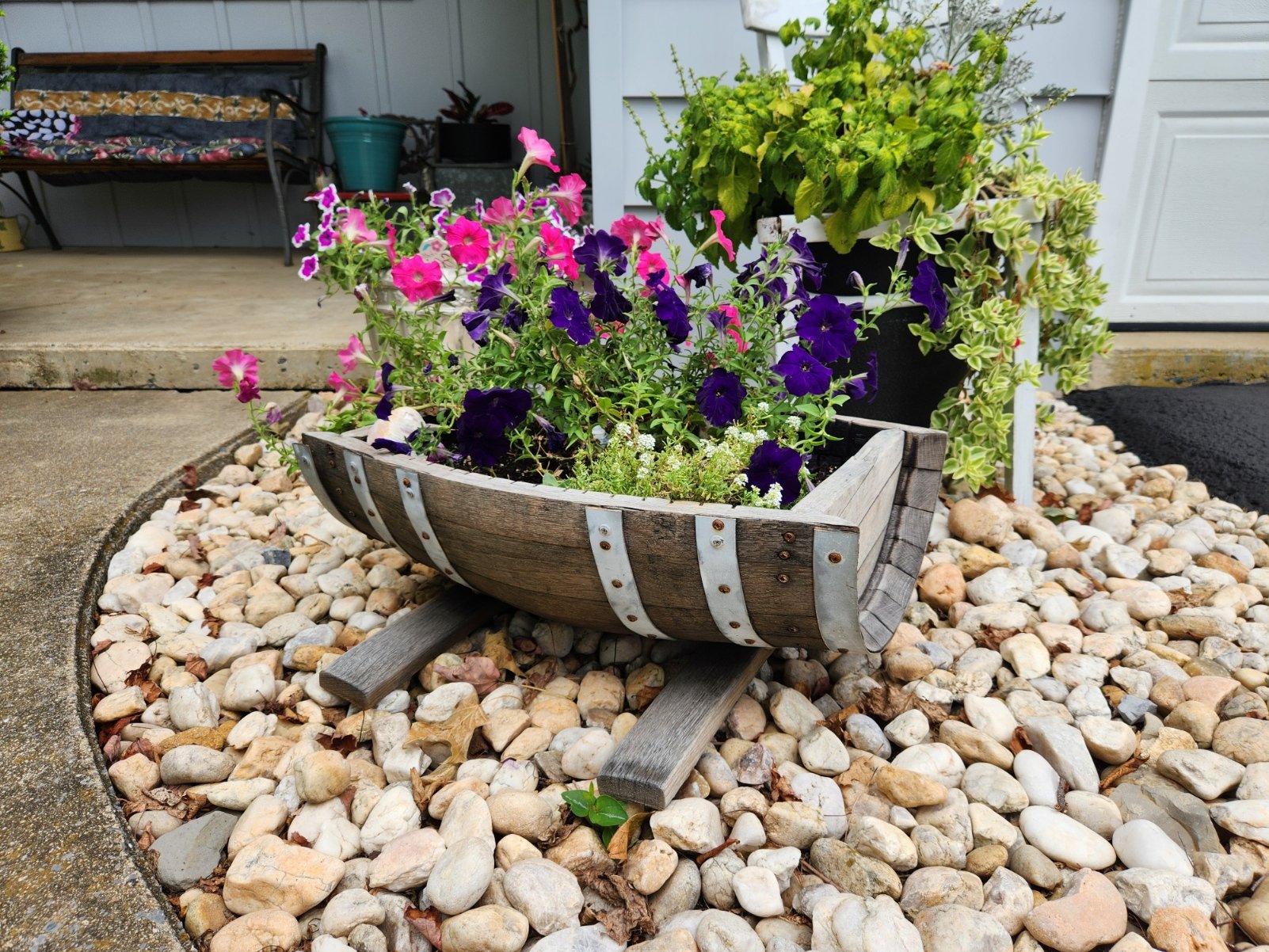 plant pot barrel Amishtoybox.com Rustic Planter, Made from Real Wooden Whiskey Barrels, White Oak, Indoor or Outdoor