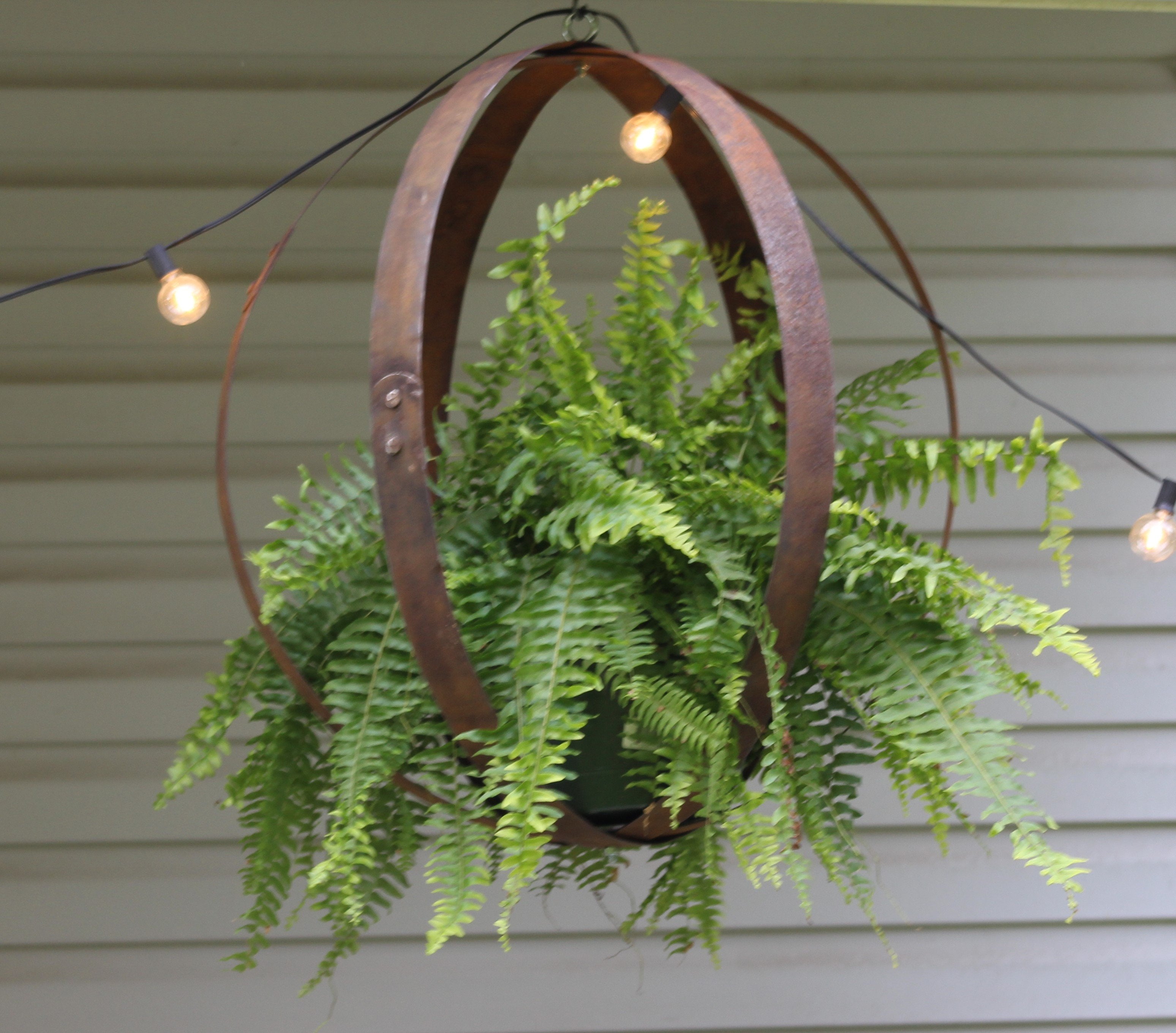 plant stand for hanging pots Rustic Hanging Plant Holder, Made with Reclaimed Barrel Rings