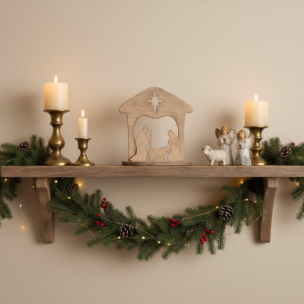 Wooden Manger Scene, One-Piece Nativity Set for Mantel or Shelf