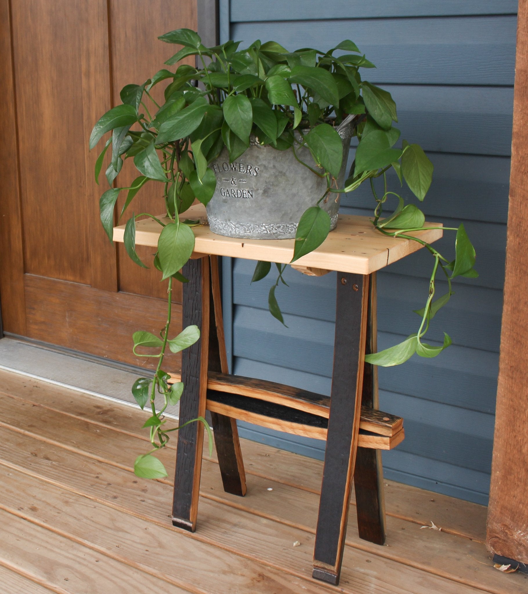 rustic plant stands indoor Amishtoybox.com Rustic Plant Stand or End Table with Wormy Maple Top and Barrel Stave Legs