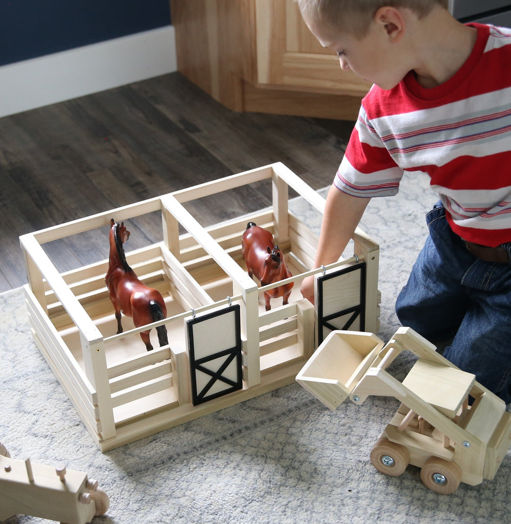 Amish-Made Wooden 2-Stall Horse Stable Toy with Sliding Doors