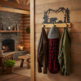 Rustic Coat Rack With 3 Hooks - Pine Wood Coat Hanger with Wilderness Metal Art Silhouette