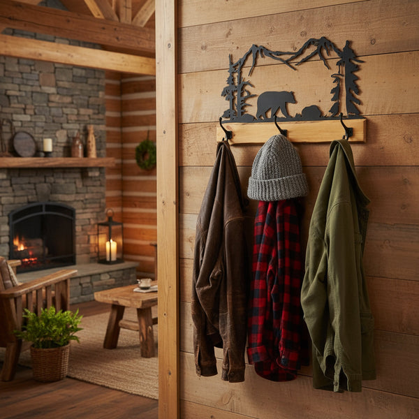 Rustic Coat Rack With 3 Hooks - Pine Wood Coat Hanger with Wilderness ...