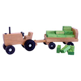 Amish-Made Wooden Toy Tractor and Wagon Set with Hay Bales