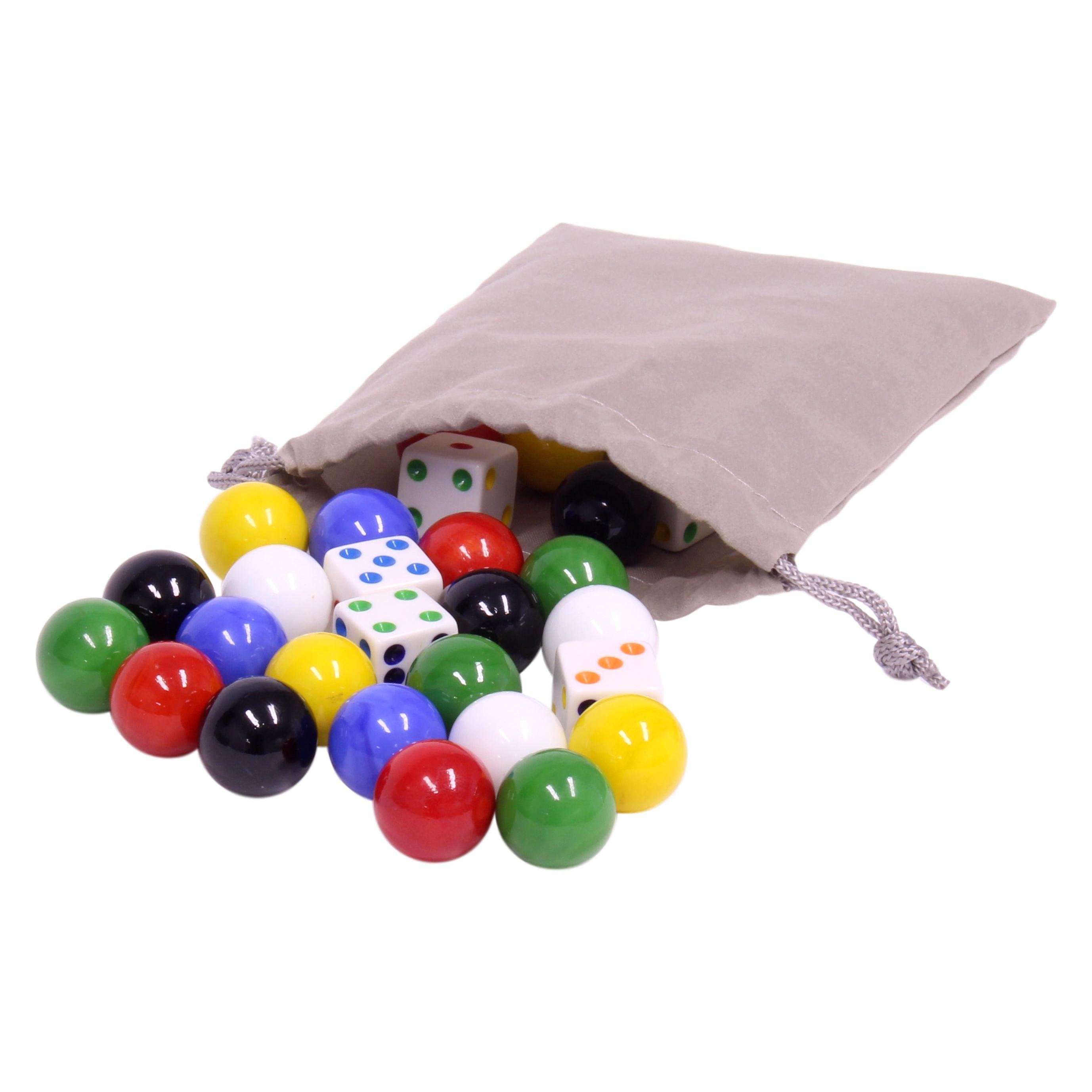 Game Bag of 24 Glass Marbles (17-18mm) and 6 Dice for Aggravation Game