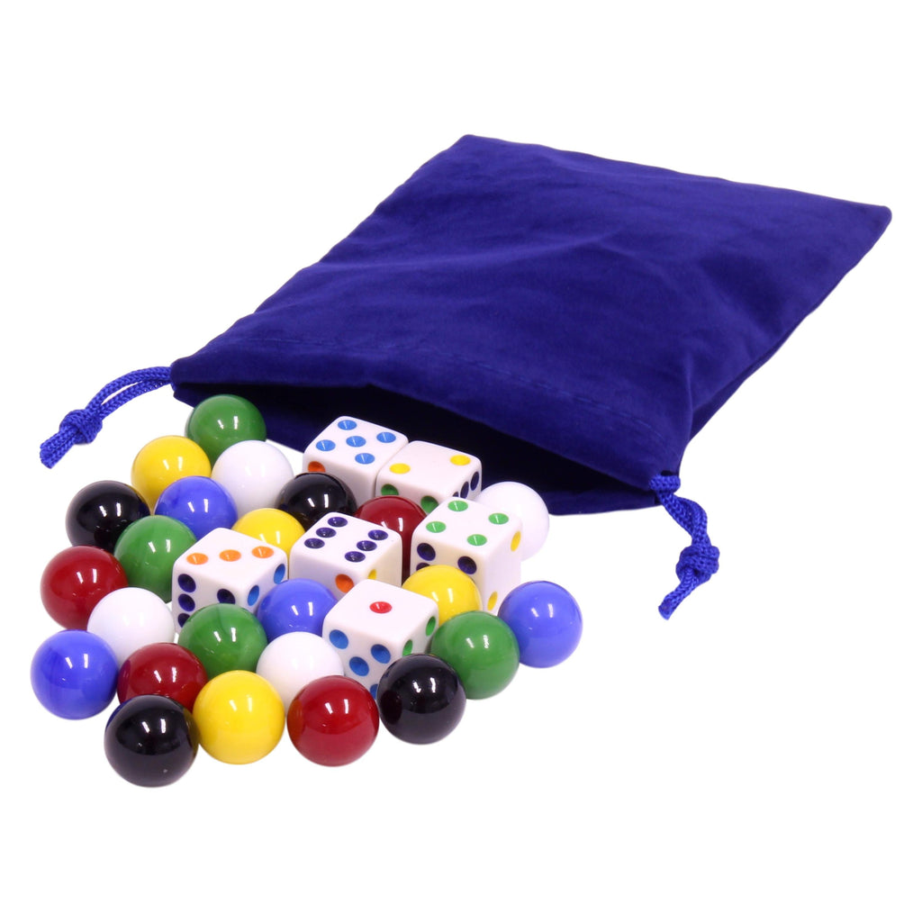 Game Bag of 24 Glass Marbles (16mm Diameter) and 6 Dice for Aggravation Game