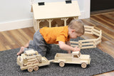 Wooden Toy Pickup Truck and Flatbed Trailer with Skidloader Set