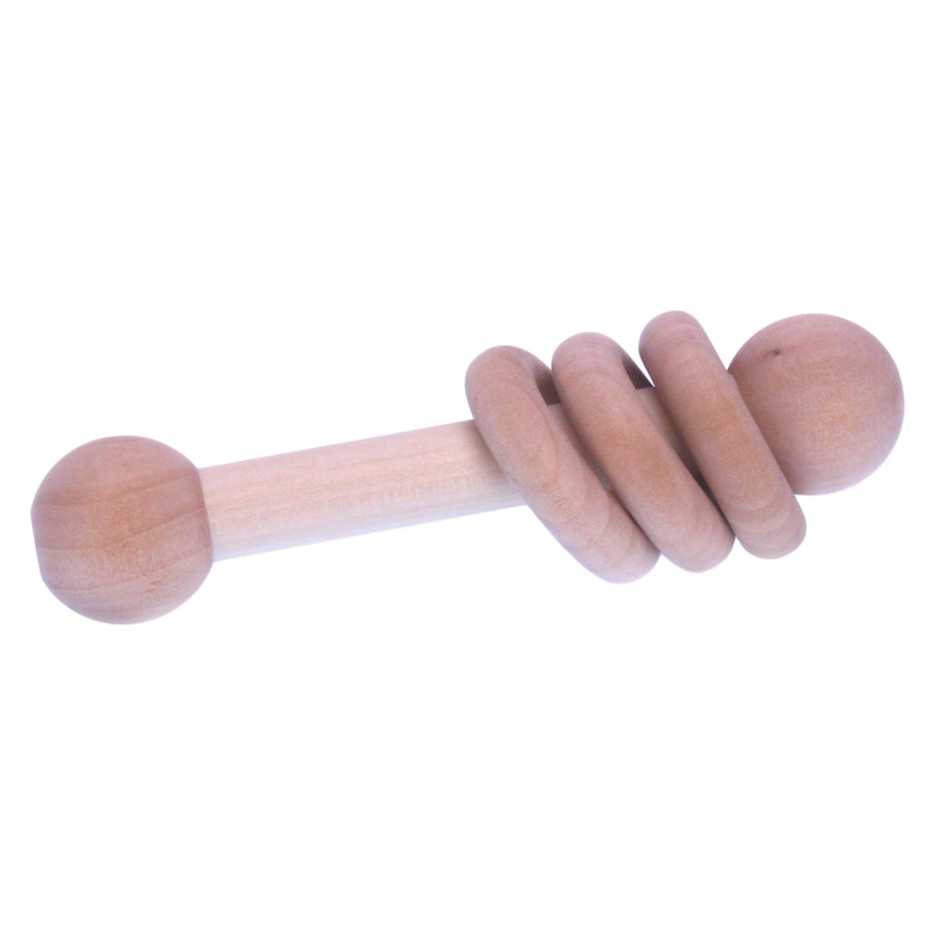 Amish-Made Wooden 3-Ring Baby Rattle Toy - Unfinished Wood - 4" Long