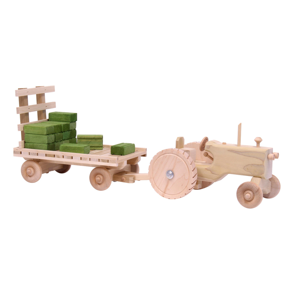 Amish-Made Wooden Toy Tractor & Hay Wagon Set with Hay Bales