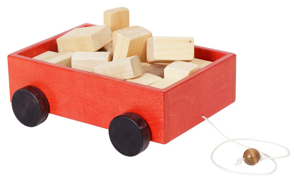 Wooden Toddler Pull Wagon Toy with Wood Building Blocks