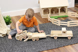 Wooden Toy Pickup Truck and Flatbed Trailer with Skidloader Set