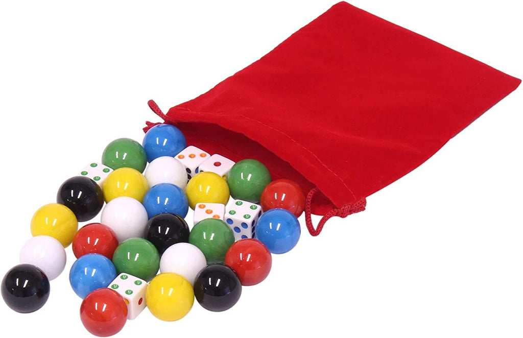 Game Bag of 24 Extra-Large Glass Marbles (1" Diameter) and 6 Dice for Aggravation Game